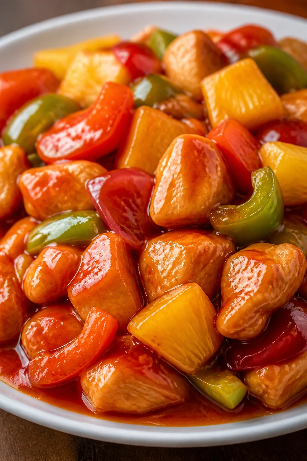 Sweet and sour chicken with pineapple and peppers in glossy sauce