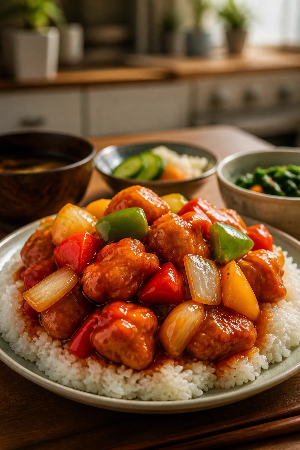 Plated sweet-and-sour chicken over rice with glossy sauce