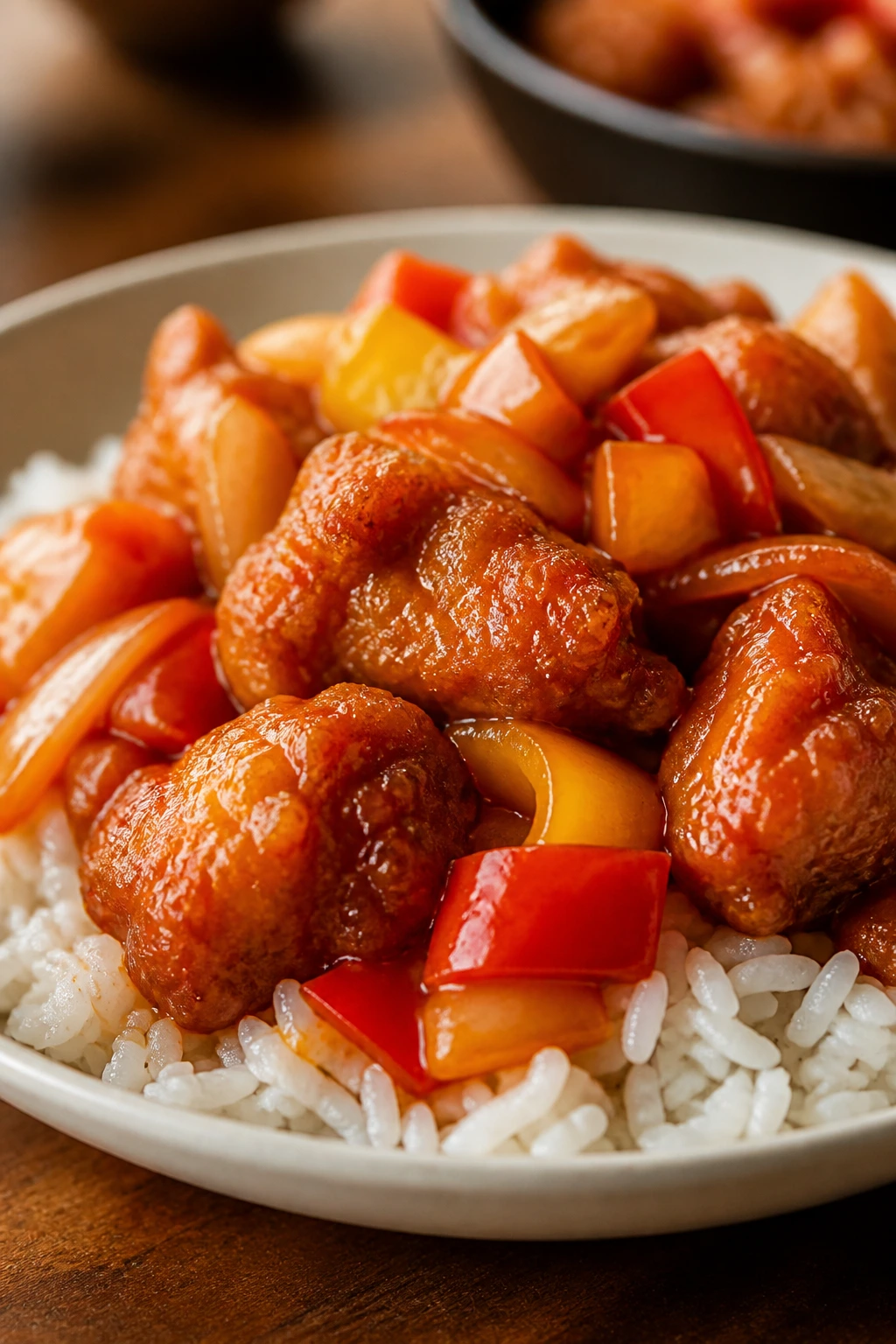 Plated sweet-and-sour chicken with glossy sauce on rice