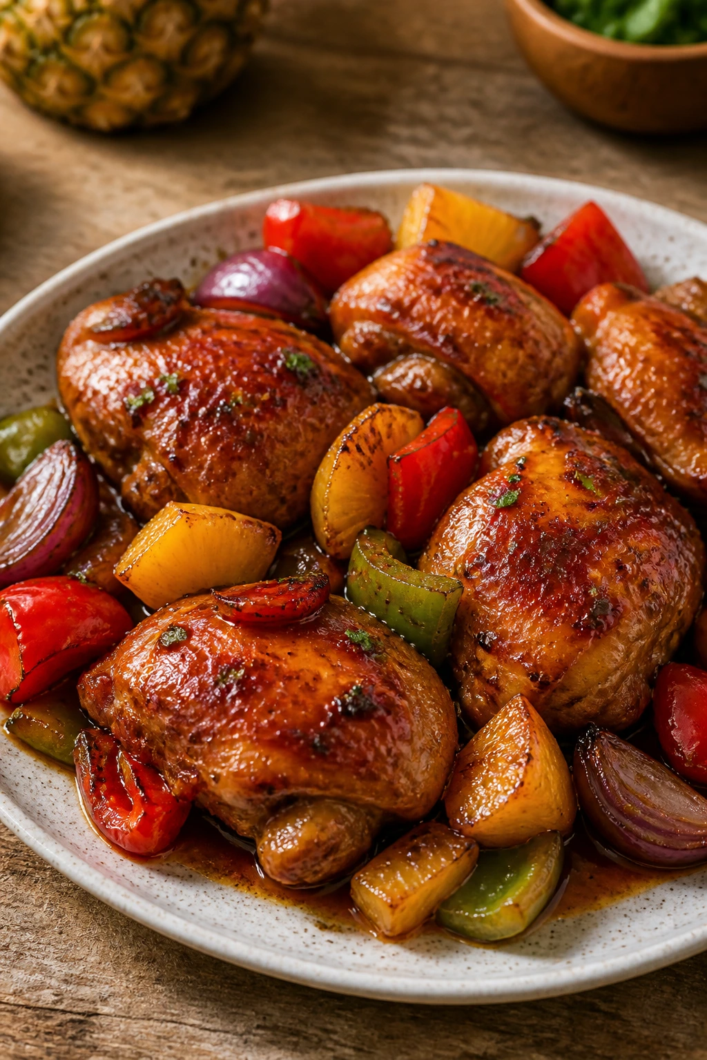 Close-up of roasted sweet and sour chicken with peppers and pineapple on a plate