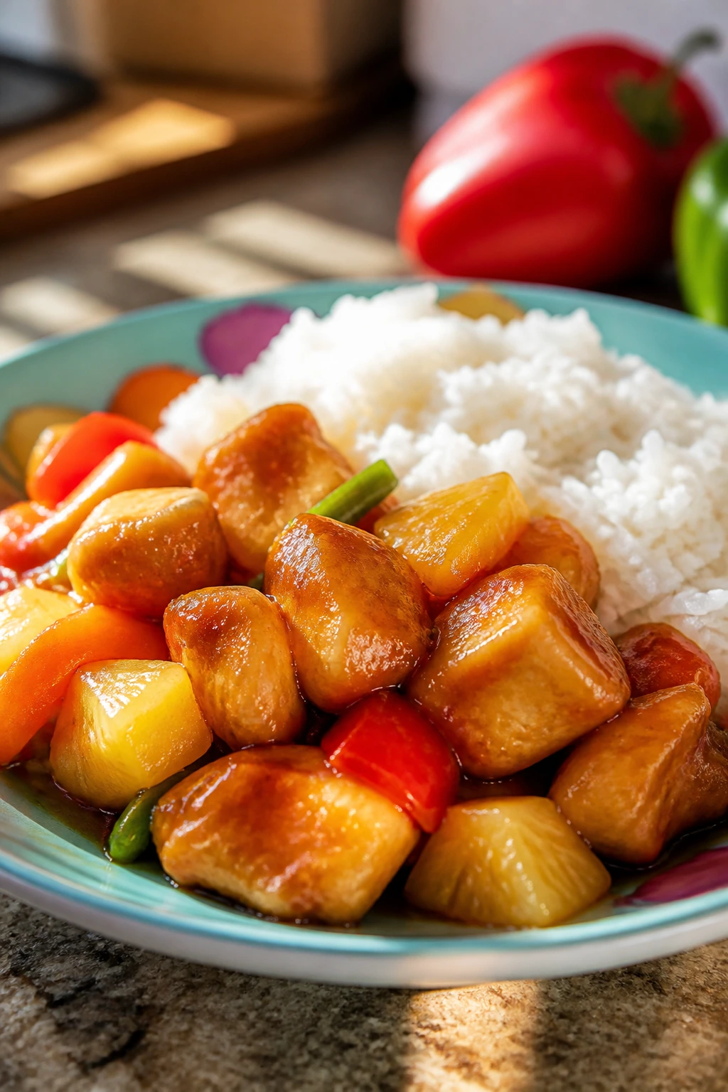 Close-up of sweet and sour chicken with pineapple and rice on a plate