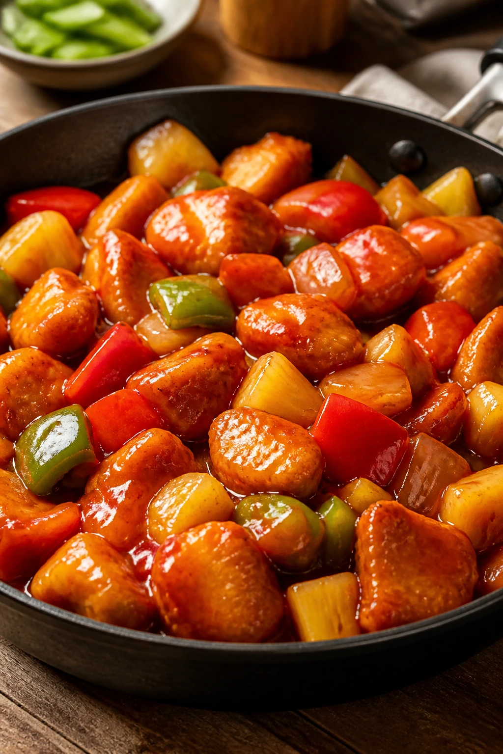 Close-up of sweet and sour chicken with peppers and pineapple in a skillet
