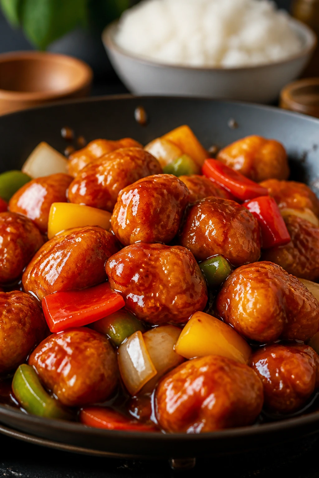 Close-up of glossy sweet-and-sour chicken coated in sauce in a skillet