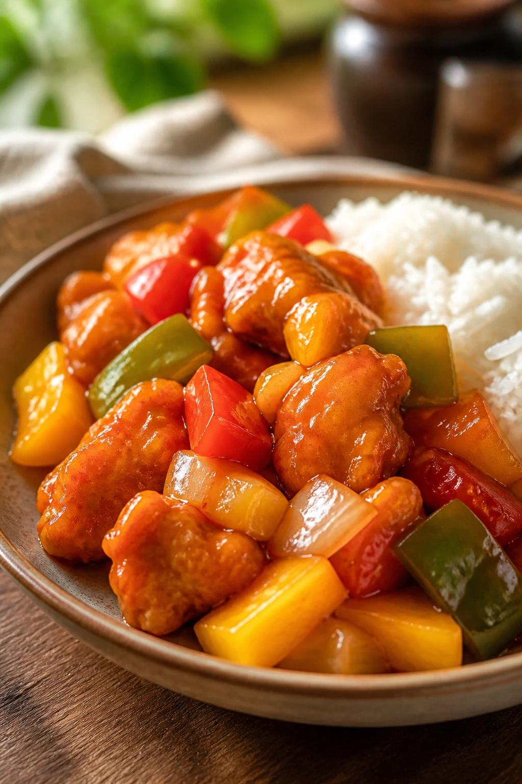 Close-up of crispy sweet-and-sour chicken with peppers and pineapple on a plate in a cozy kitchen