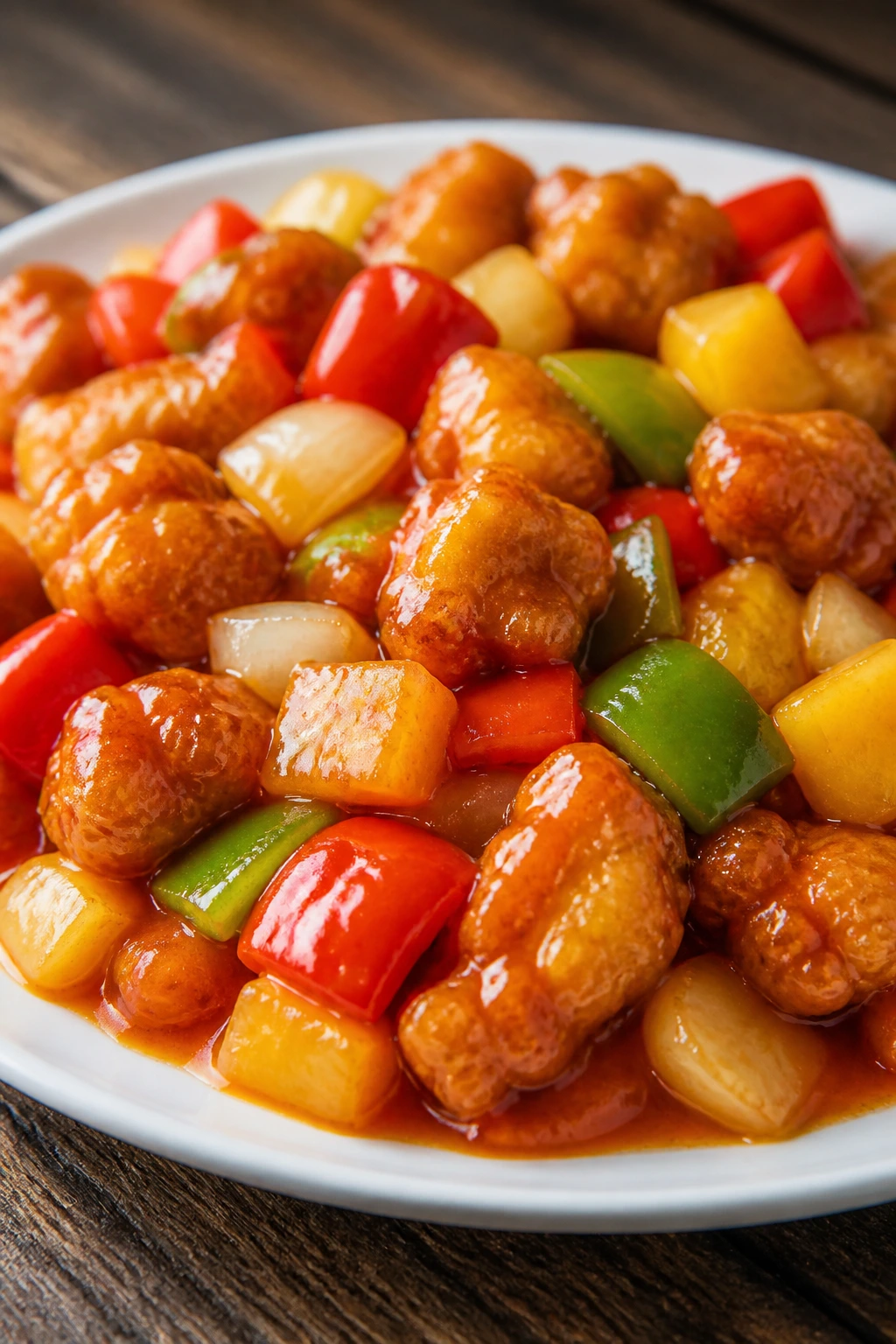 Close-up of crispy Sweet and Sour Chinese Chicken with peppers and pineapple on a plate