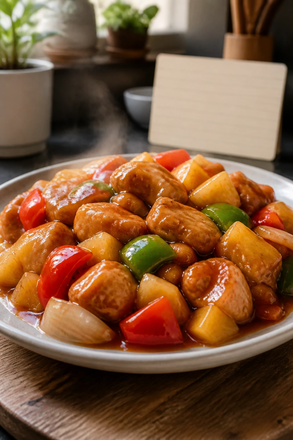 Steaming Japanese sweet and sour chicken dinner with peppers and pineapple on a counter.