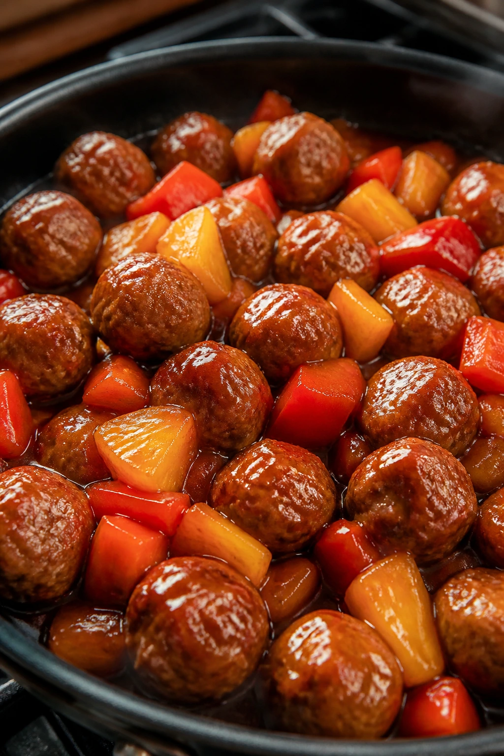 Meatballs in sweet and sour sauce with pineapple and peppers on a stovetop