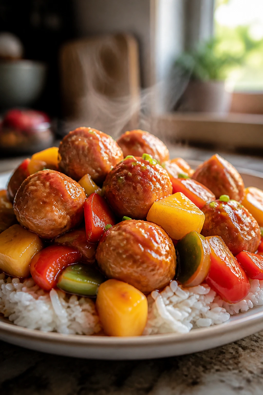 Sweet and sour chicken meatballs in glossy sauce with pineapple