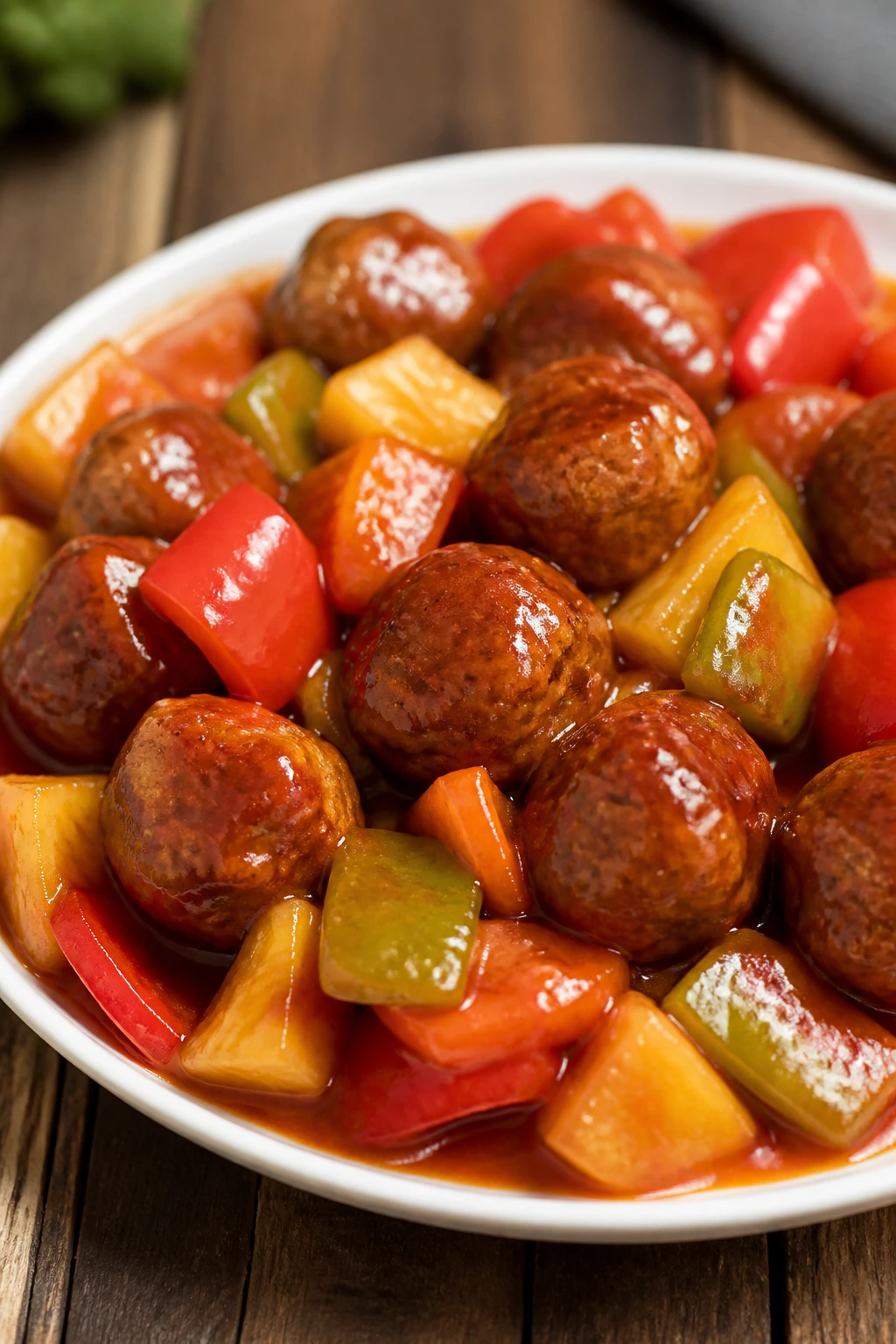 Sweet and sour meatballs in glossy sauce with pineapple and peppers