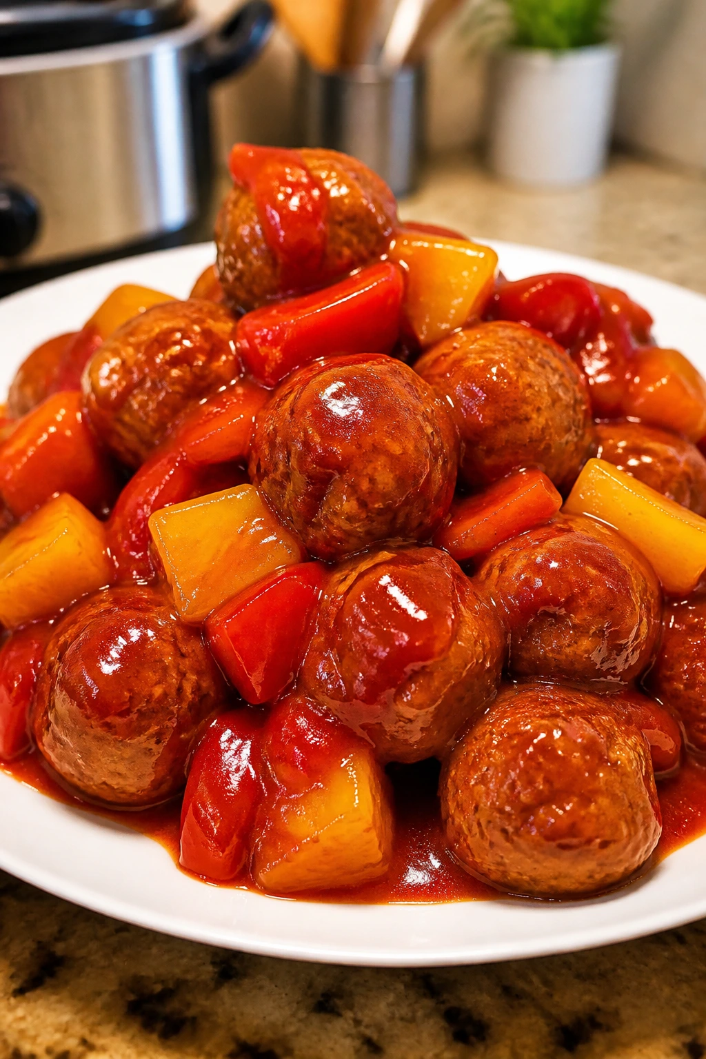 Close-up of Sweet and Sour Meatballs in red glaze on a plate