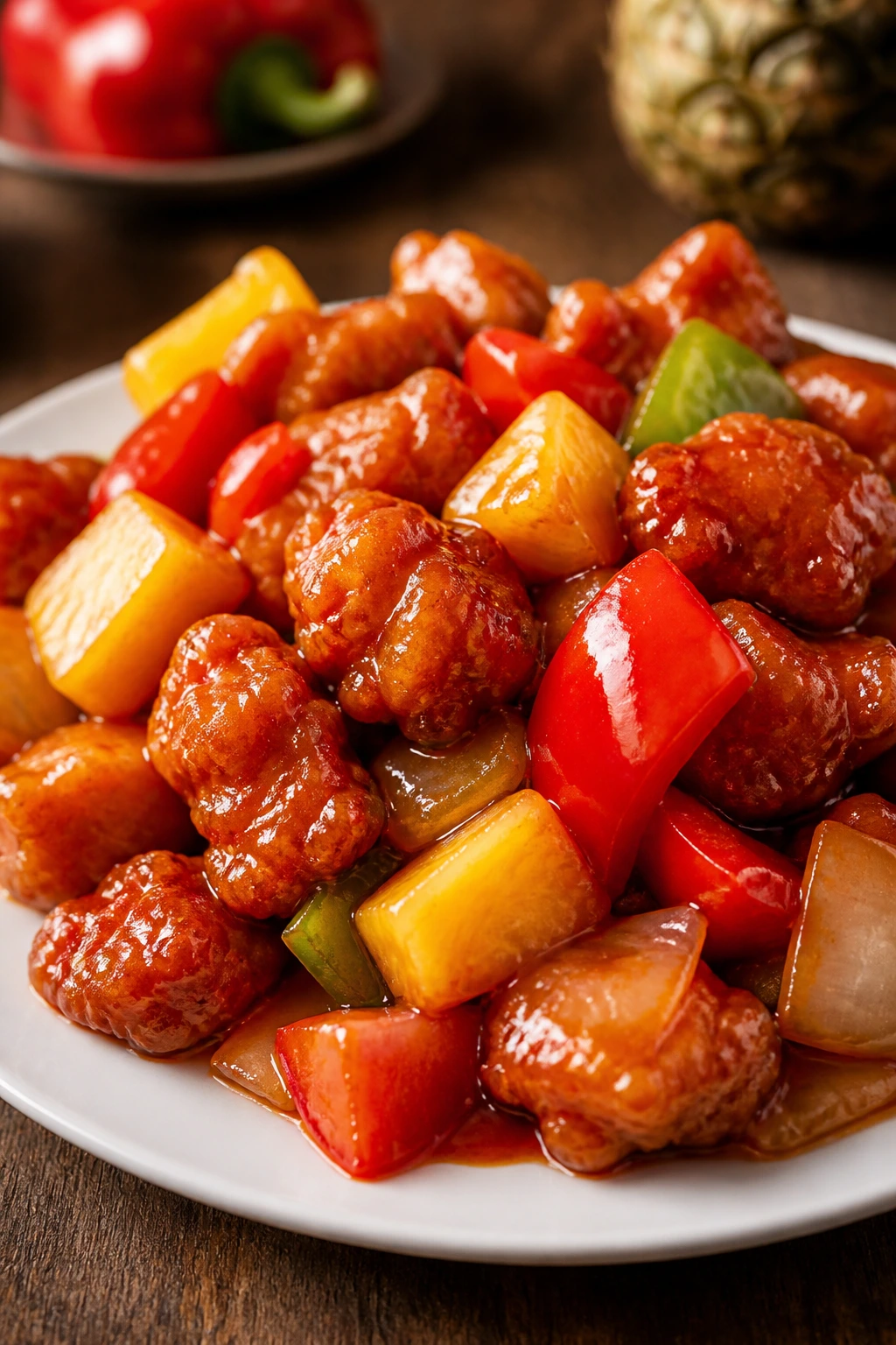 Crispy pork with pineapple and peppers in glaze