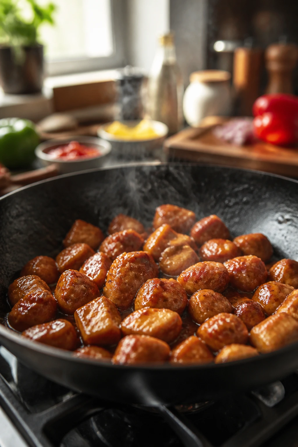 Pork cubes browning in a pan with glossy glaze forming