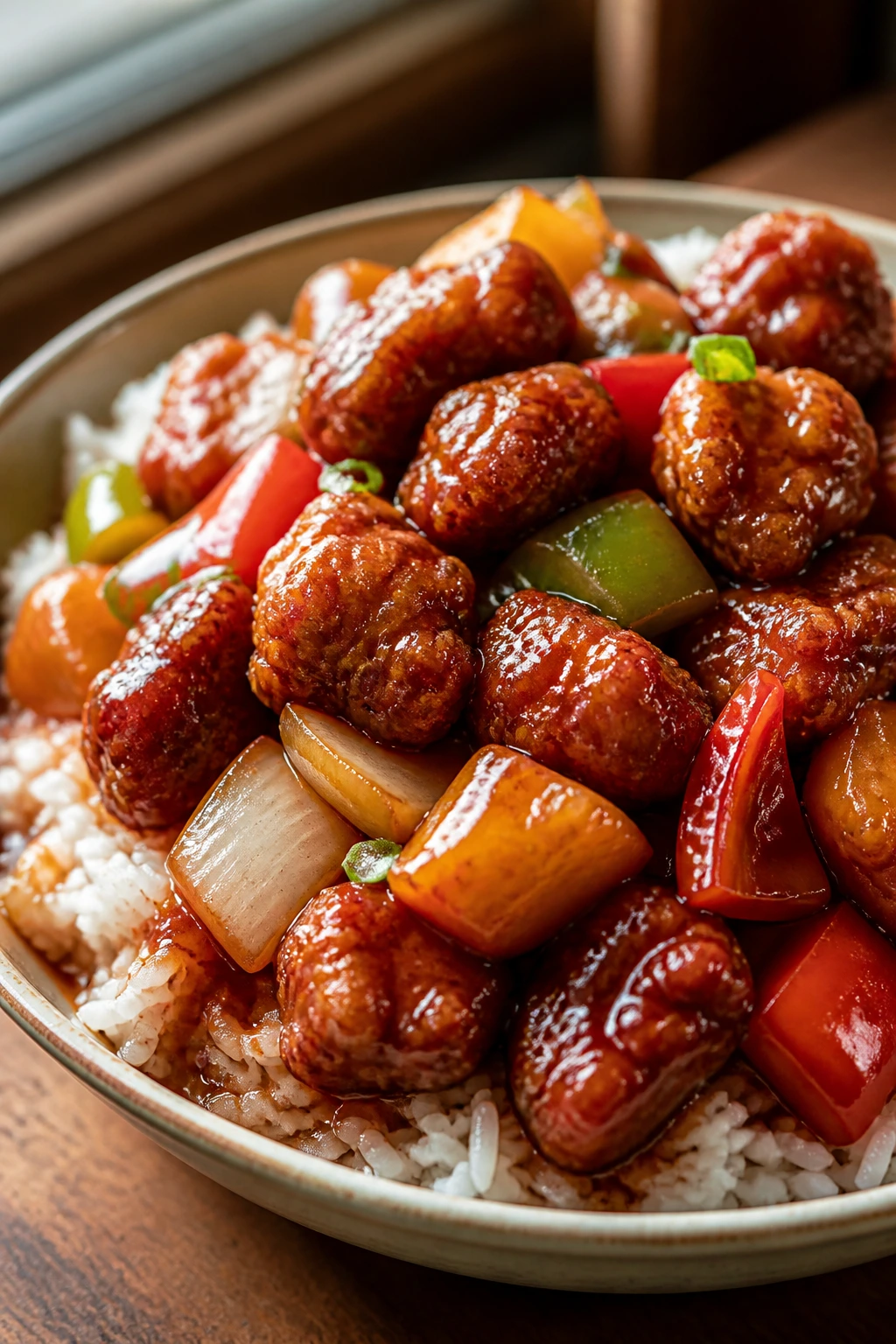Crispy lacquered sweet and sour pork on jasmine rice in shallow bowl
