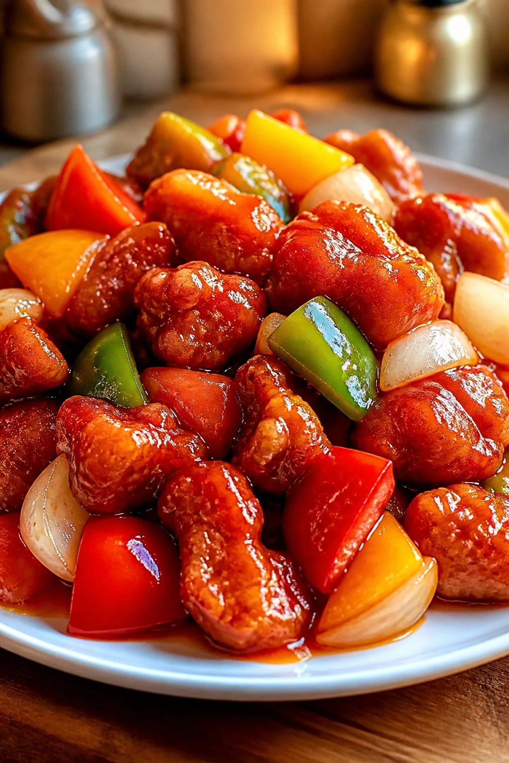 Sweet and Sour Pork with glossy glaze and crisp vegetables on plate