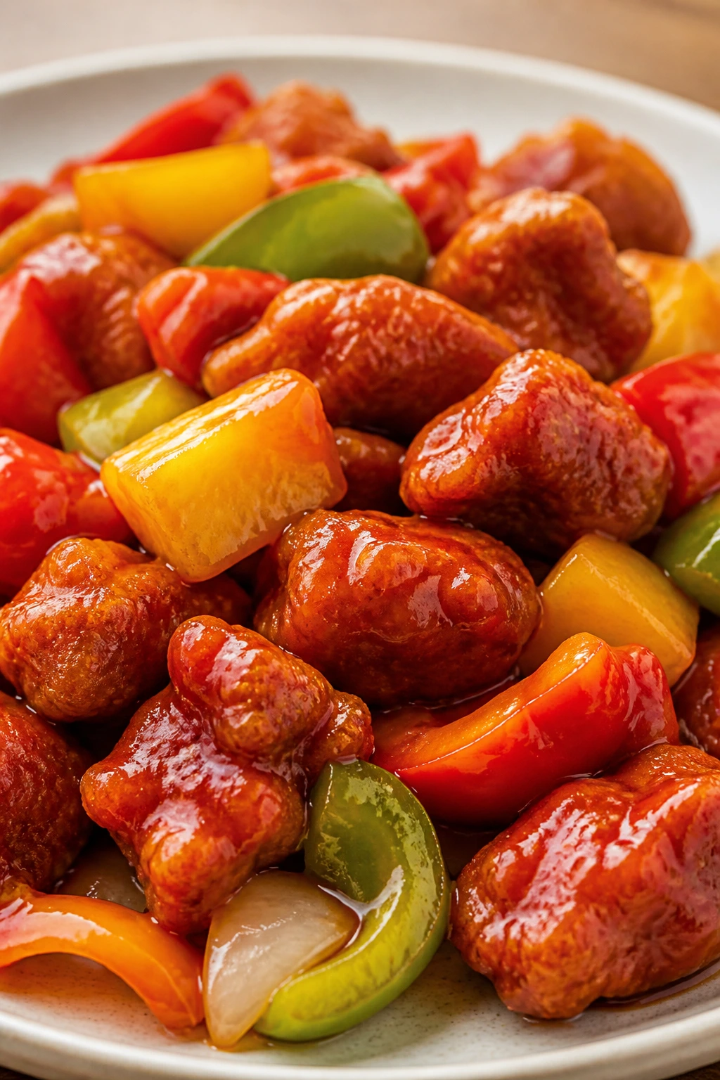 Crispy sweet and sour pork with peppers and pineapple on a plate