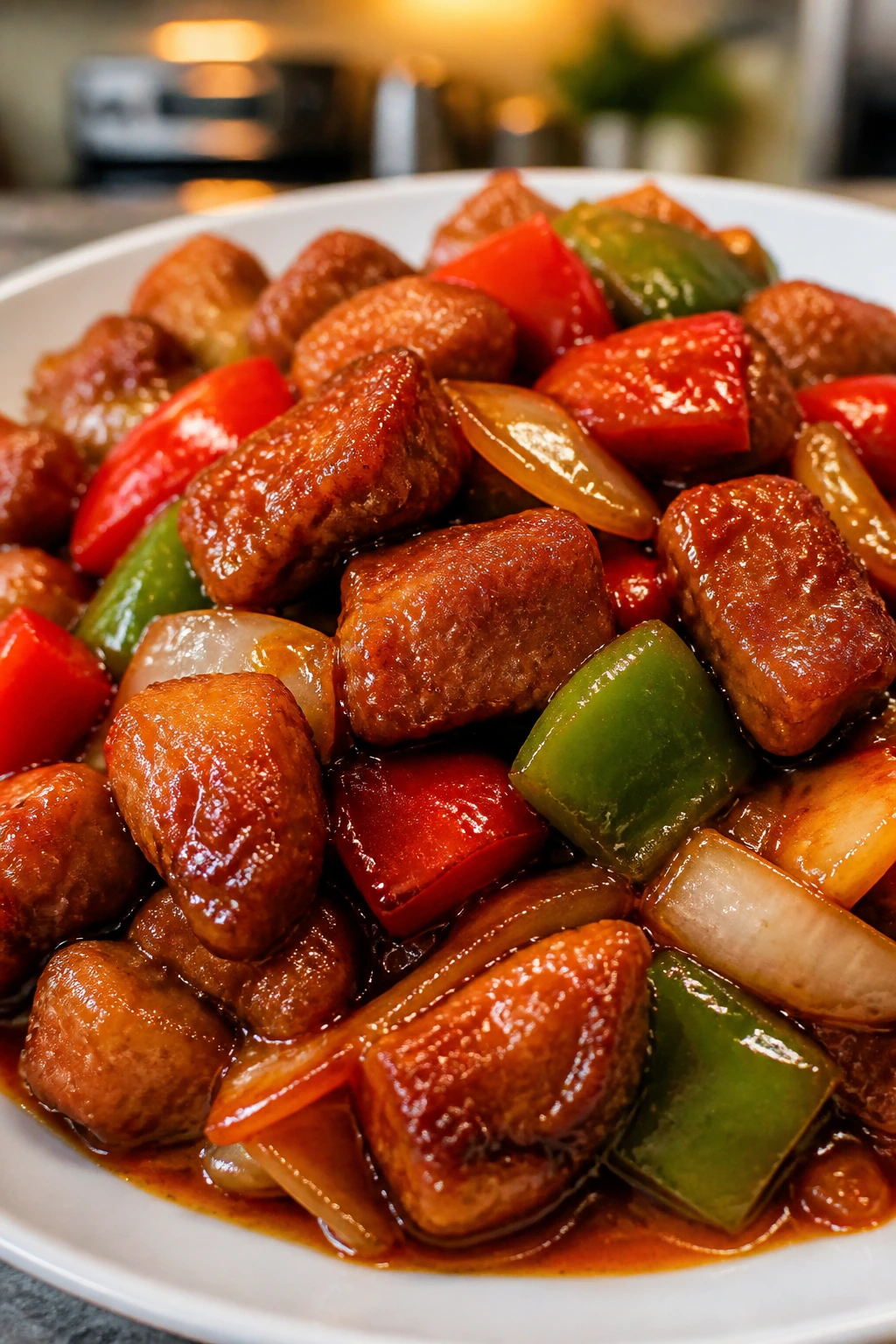Close-up of Sweet and Sour Pork with peppers and onion in glossy sauce
