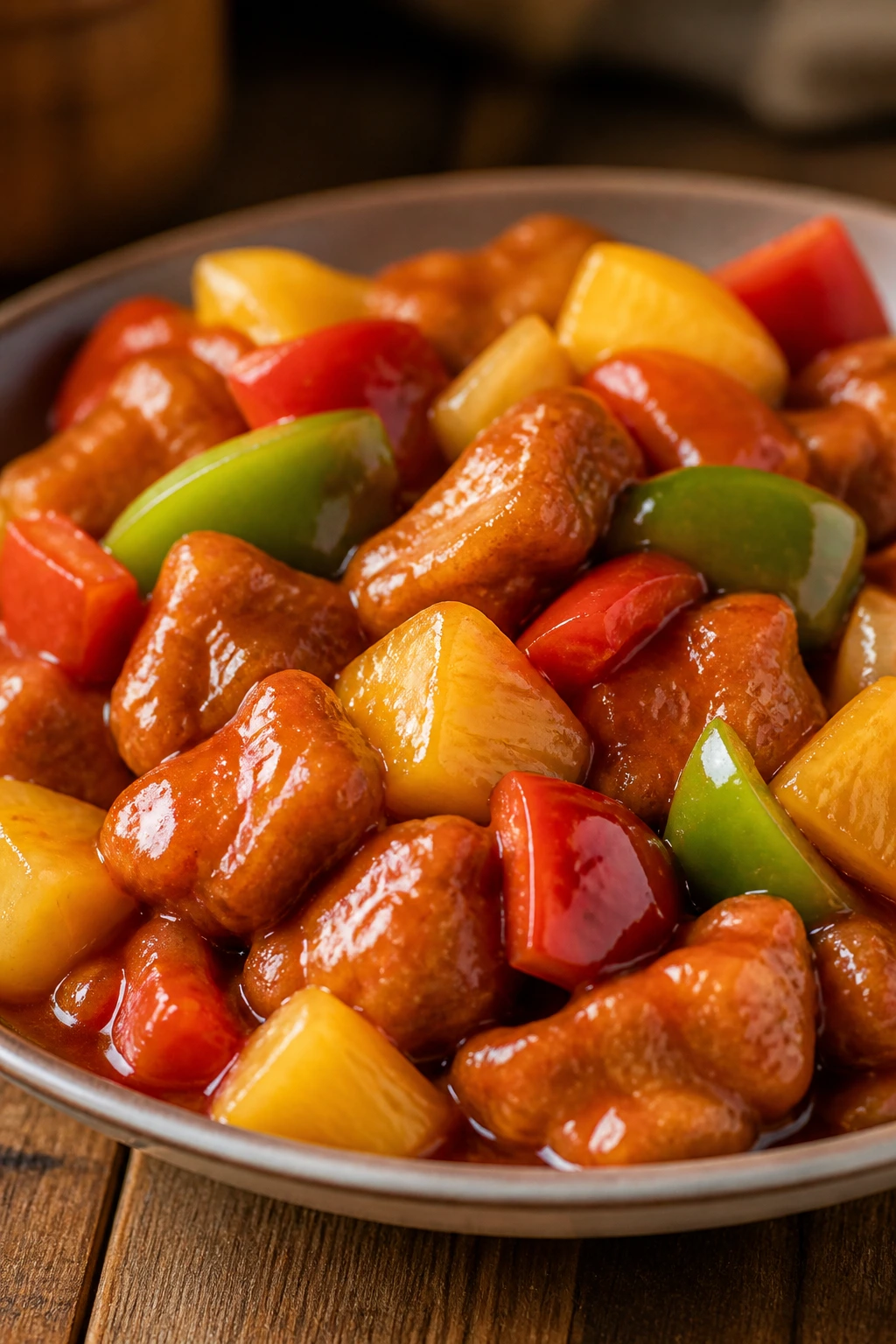 Close-up of Sweet and Sour Pork with pineapple and peppers in glossy sauce