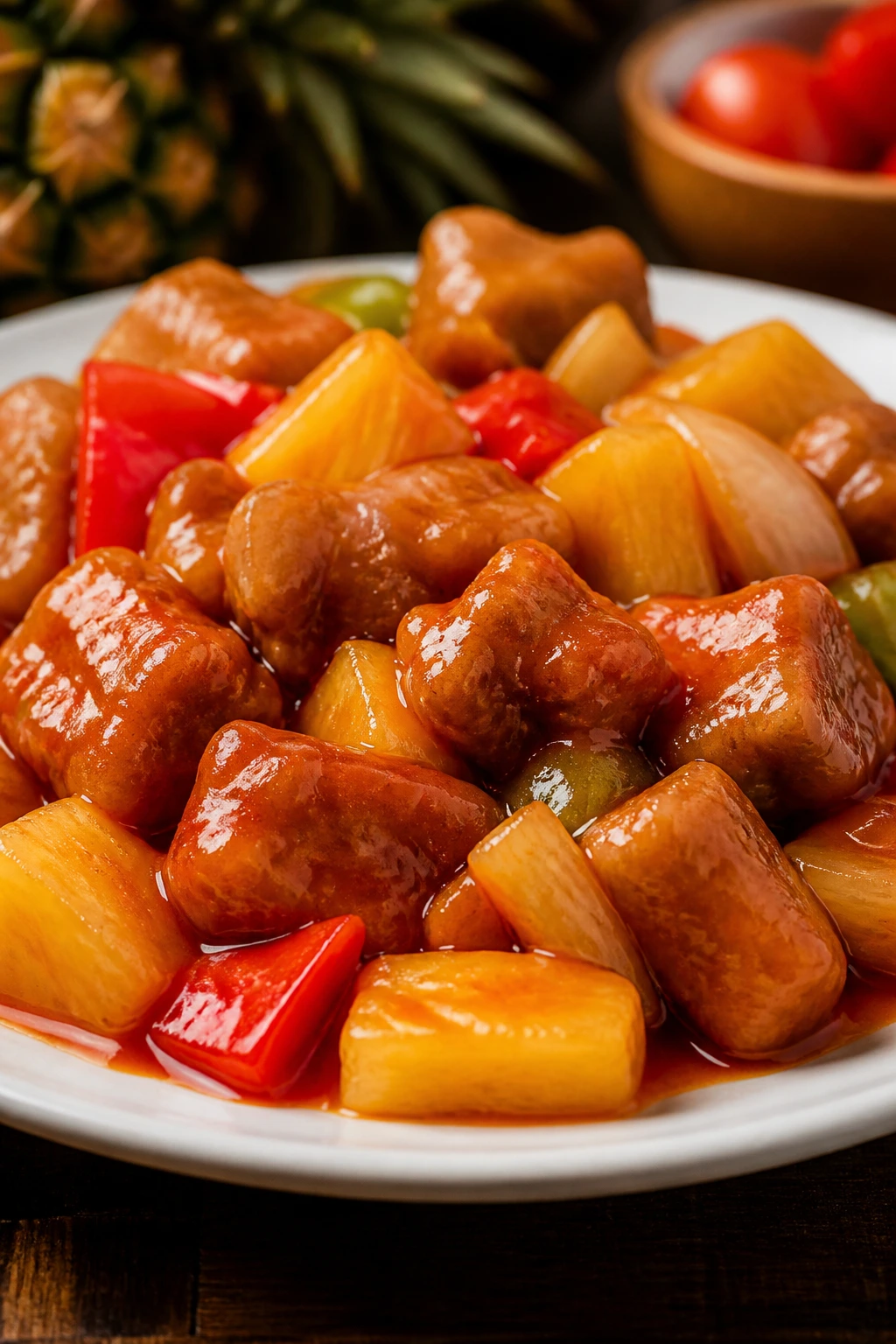 Sweet and Sour Pork with Pineapple in glossy glaze with pineapple chunks on plate