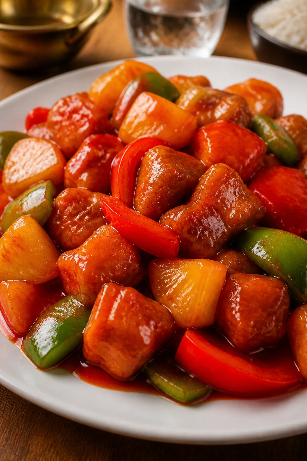 Sweet and sour pork with pineapple and peppers on plate