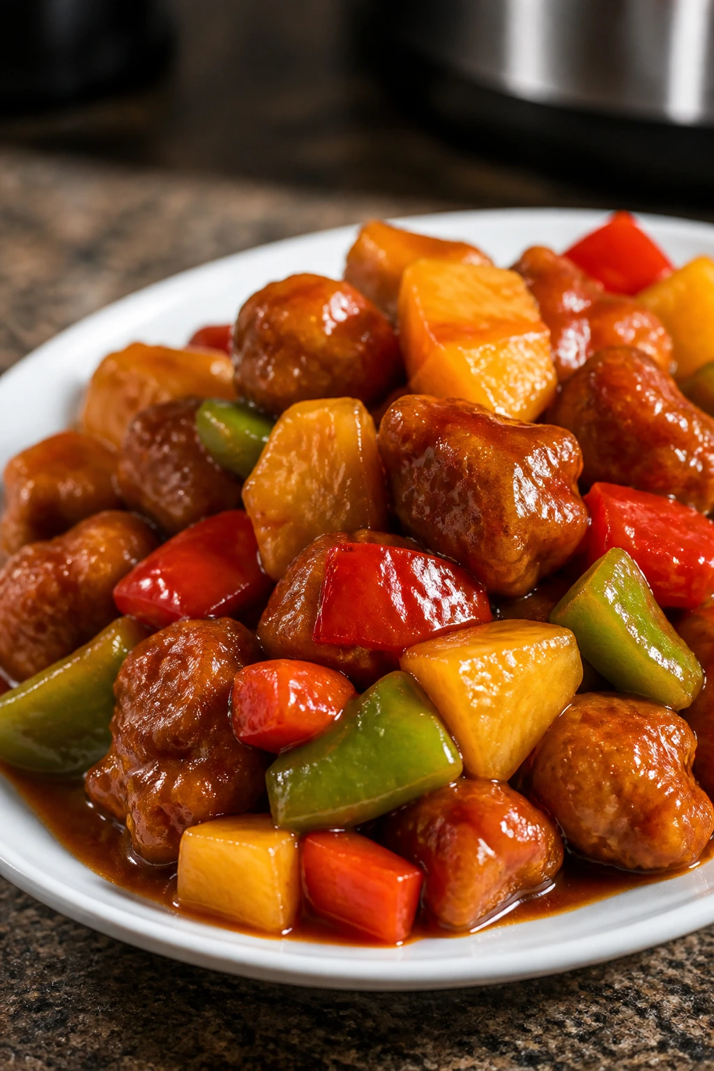 Sweet and sour pork with pineapple and peppers in a glaze