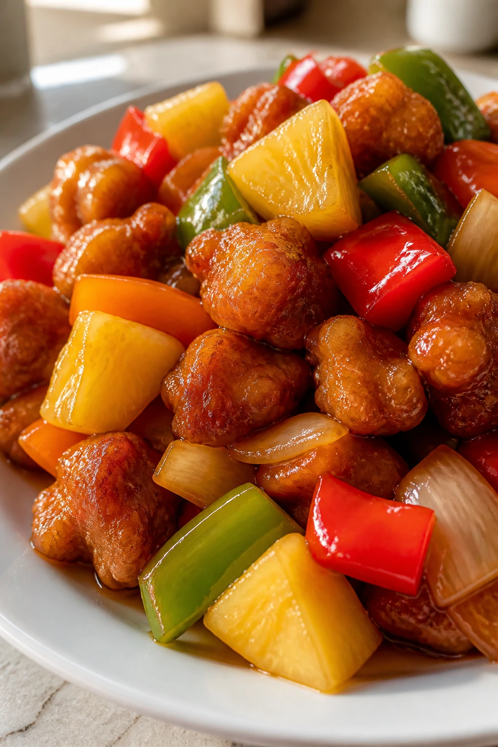 Bright sweet and sour pork with pineapple and peppers on plate
