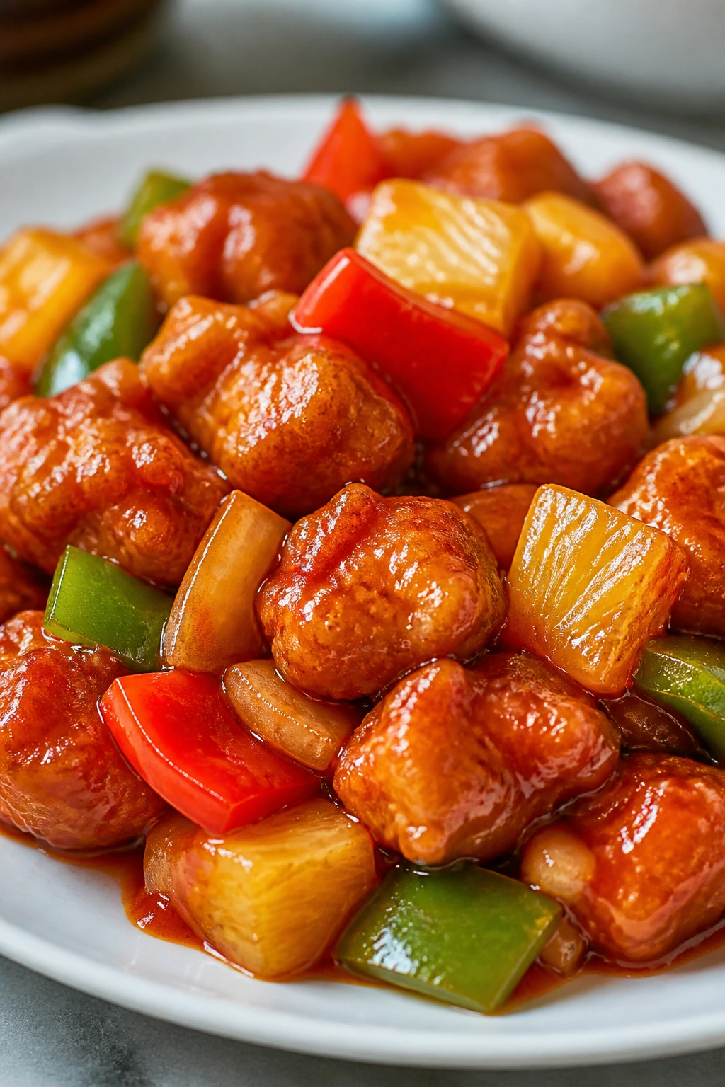 Close-up of glossy sweet and sour pork with pineapple and peppers on a plate