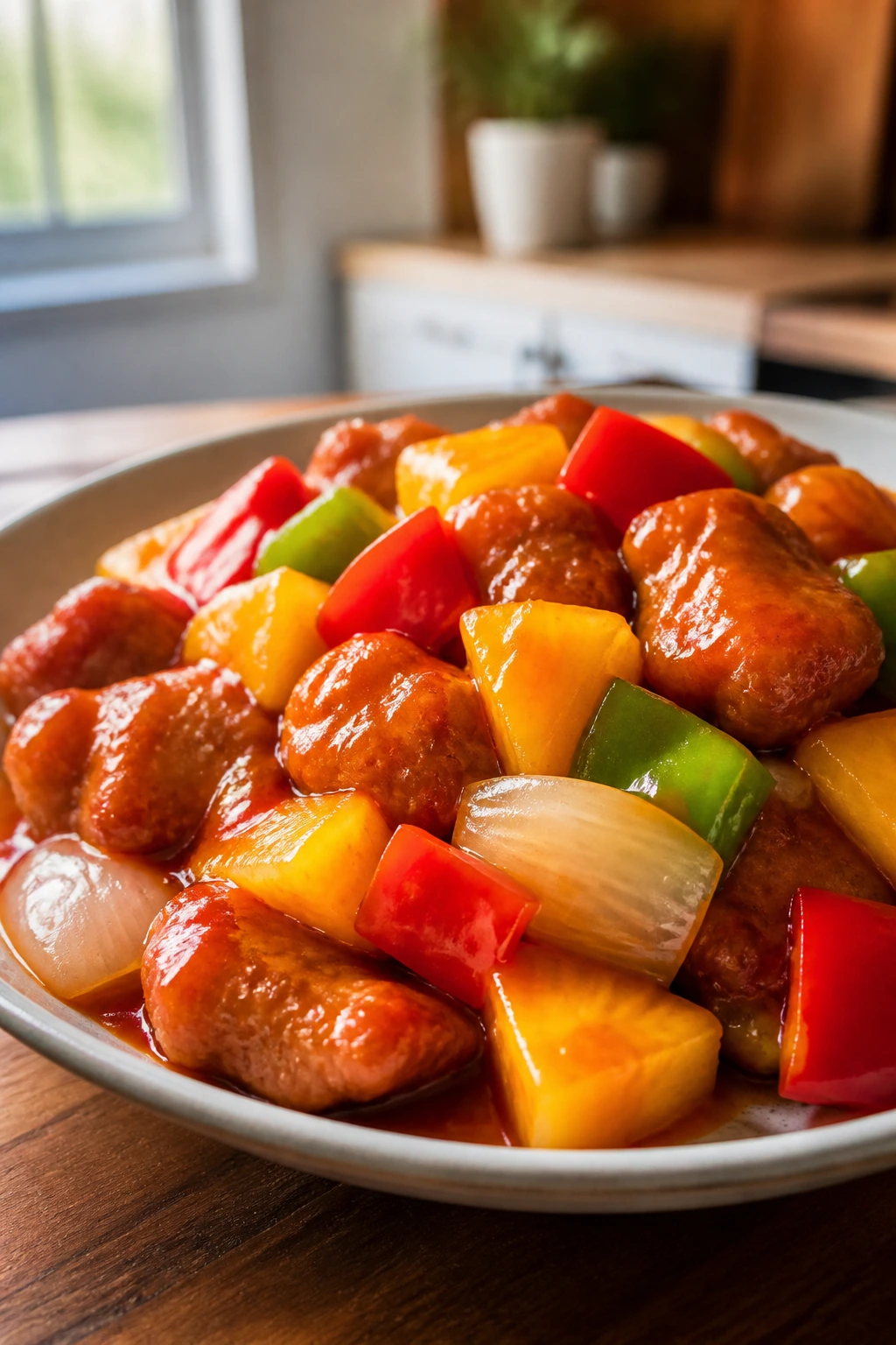 Close-up of sweet and sour Chinese pork with peppers, onion, and pineapple in glossy sauce