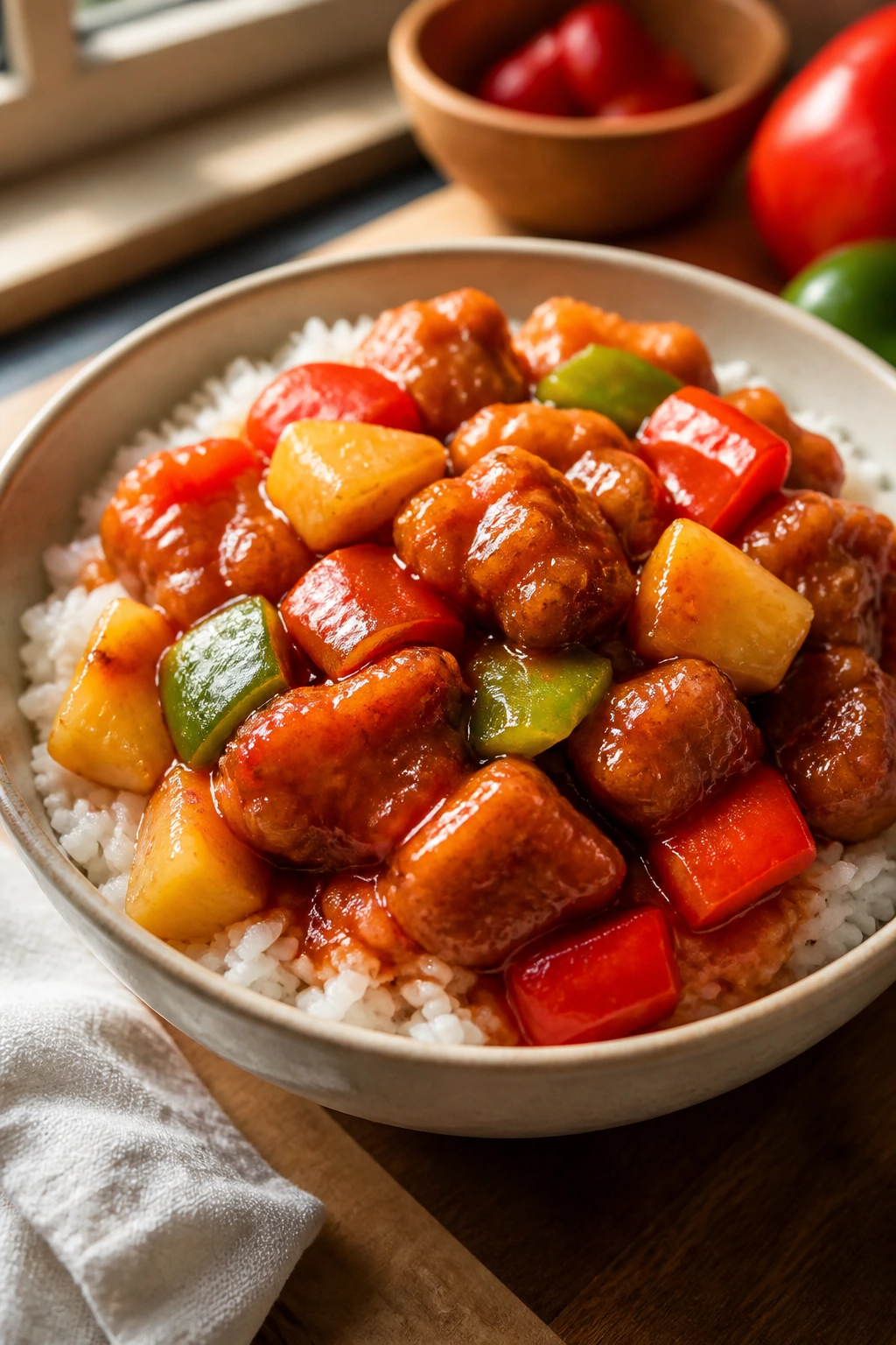 Close-up of sweet and sour pork rice bowl with pineapple and peppers.