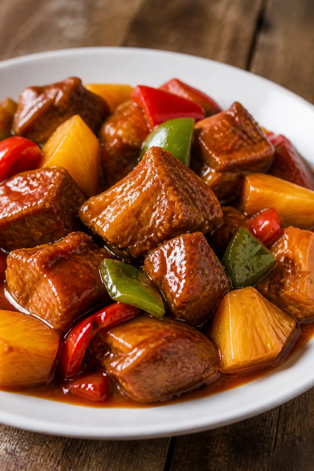 Sweet and Sour Pork Shoulder: tender pork chunks in glossy glaze with pineapple and peppers.
