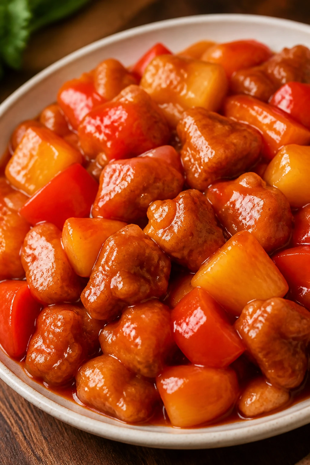 Sweet and sour pork with peppers and pineapple in glossy sauce.
