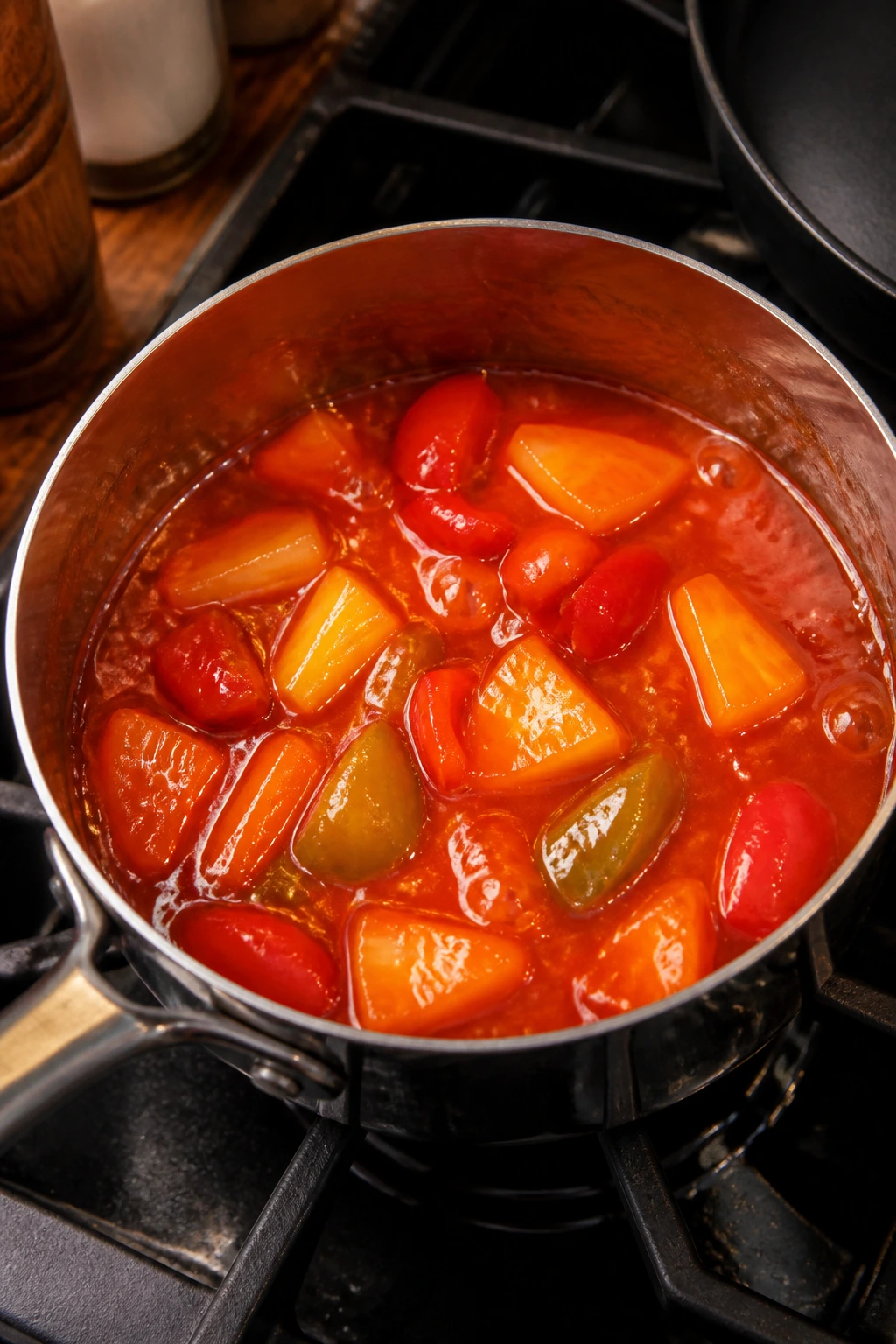 Glossy sweet-and-sour sauce in a saucepan with pineapple and peppers