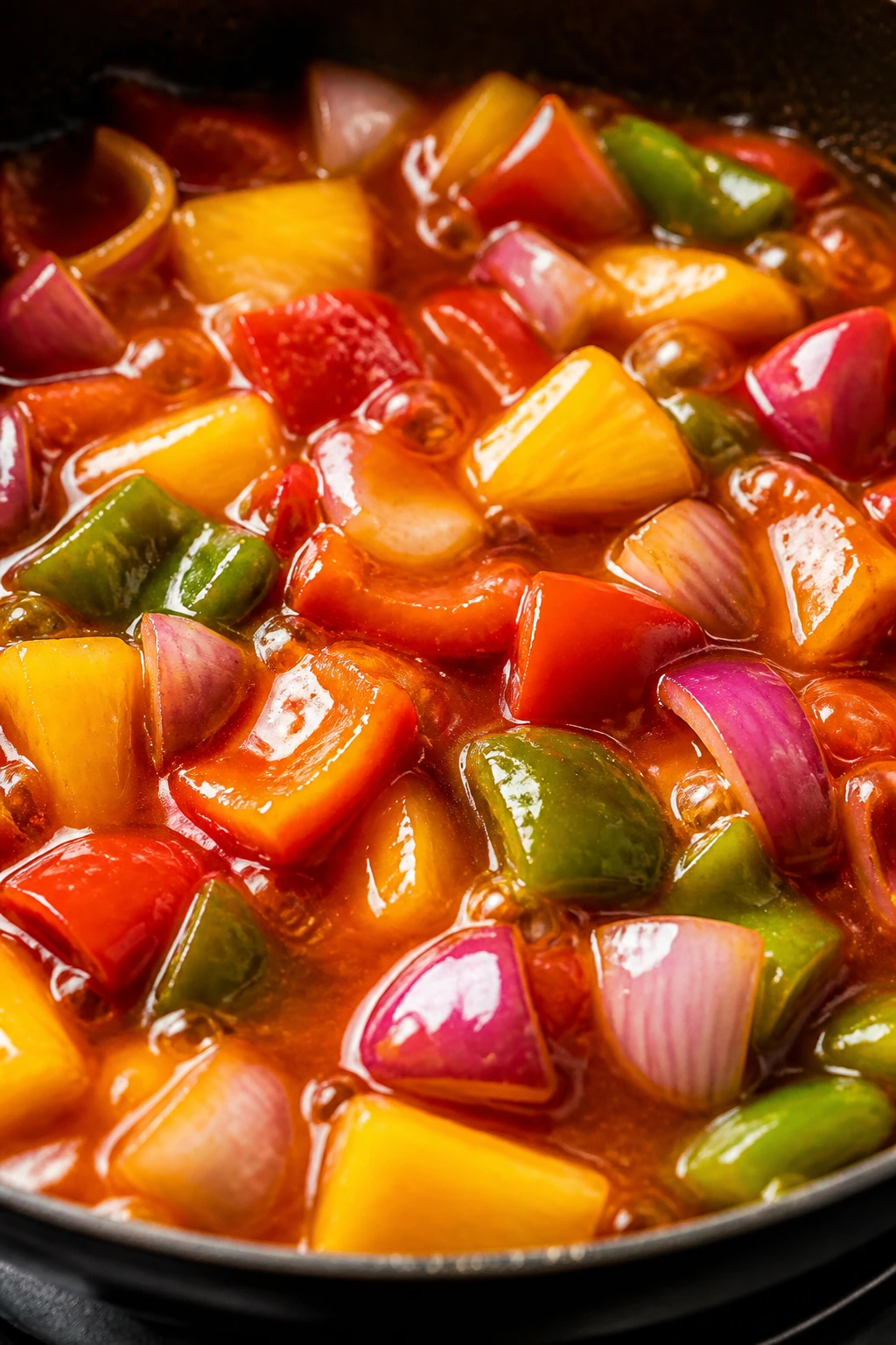 Close-up of glossy sweet and sour sauce glaze coating peppers, onion, and pineapple in a skillet