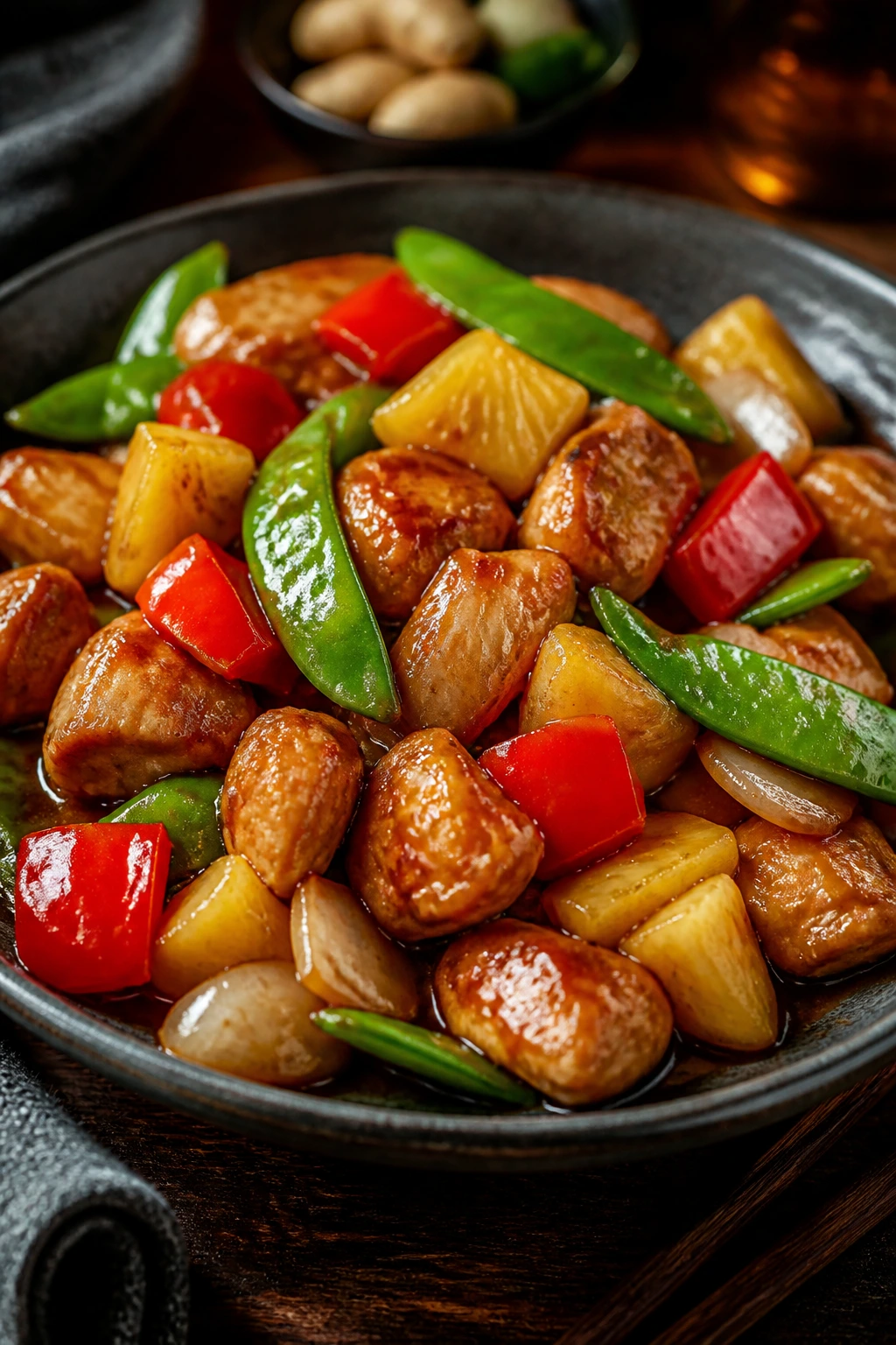 Glossy sweet and sour stir fry plated attractively with chicken and vegetables.