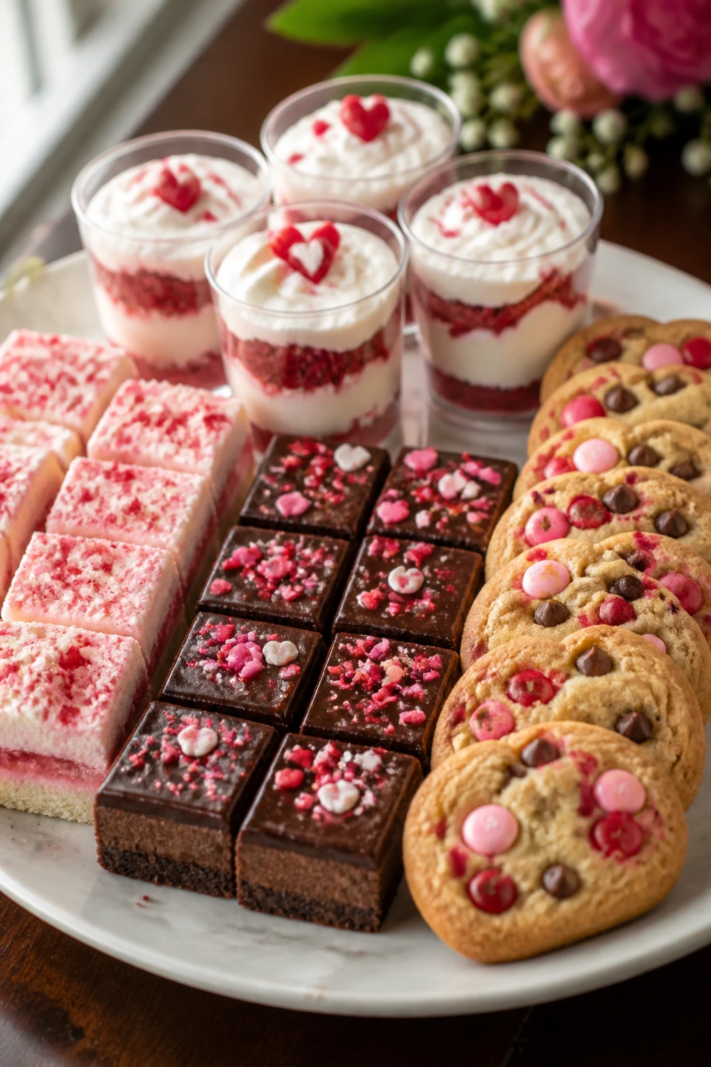 Assorted dessert tray with bars cookies and chocolate squares on a table