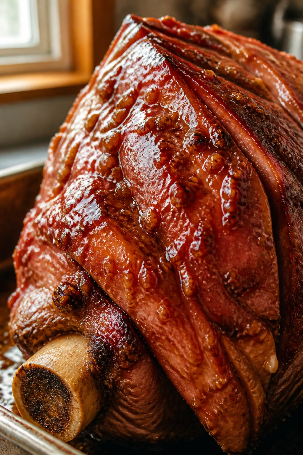 Close-up of glossy bone-in ham with sweet tea vinegar glaze