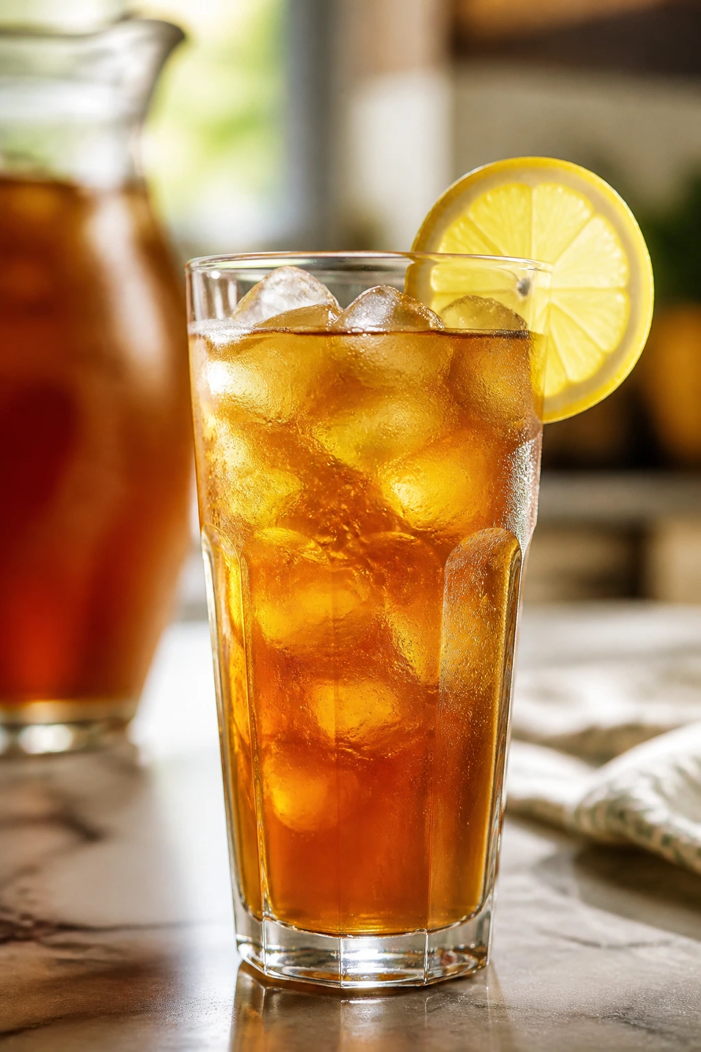 Glass of classic southern sweet tea with lemon wheel