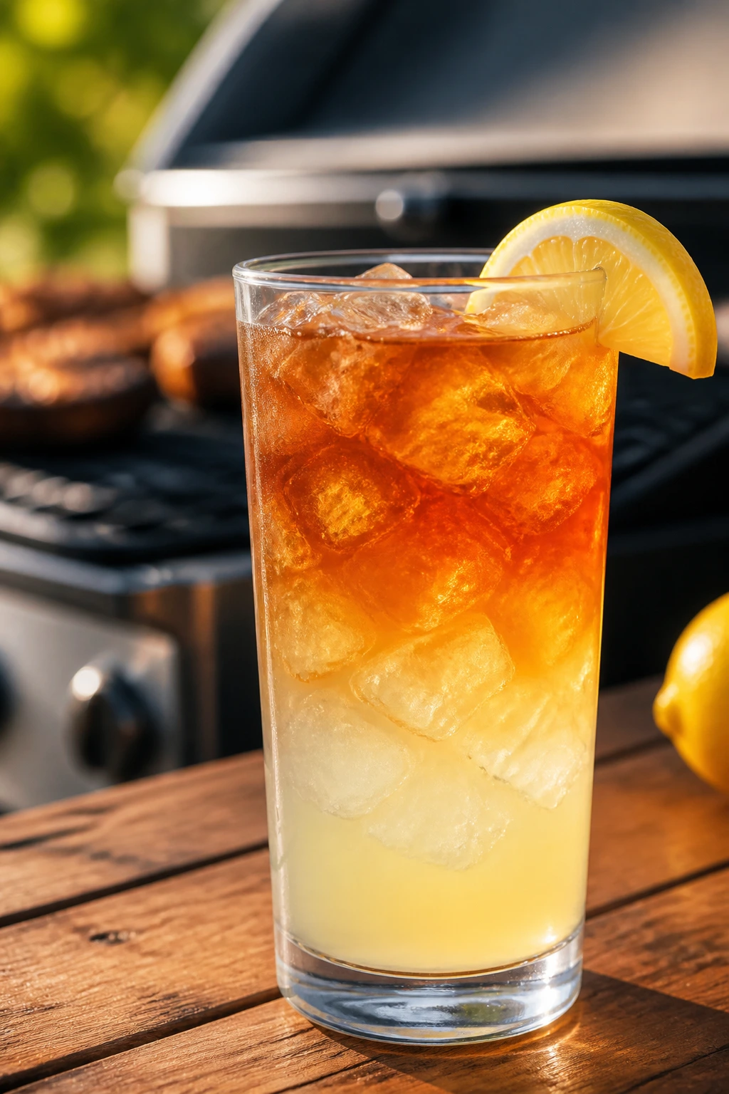 Tall glass of sweet tea vodka lemonade on a picnic table by a grill