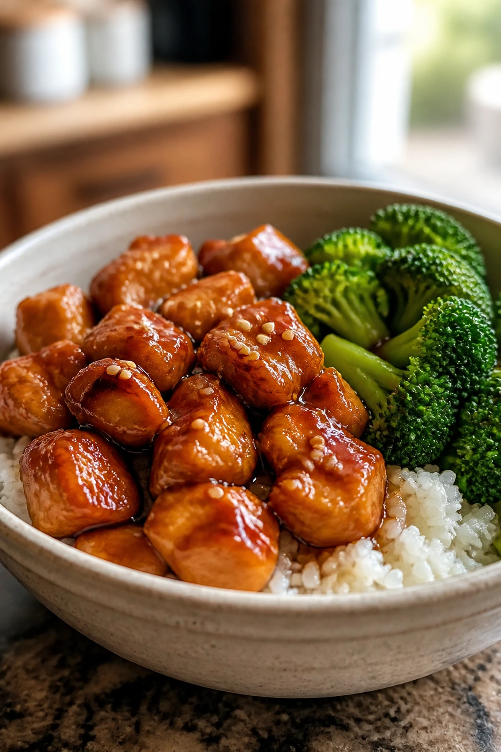Close-up of teriyaki chicken over rice in a bowl