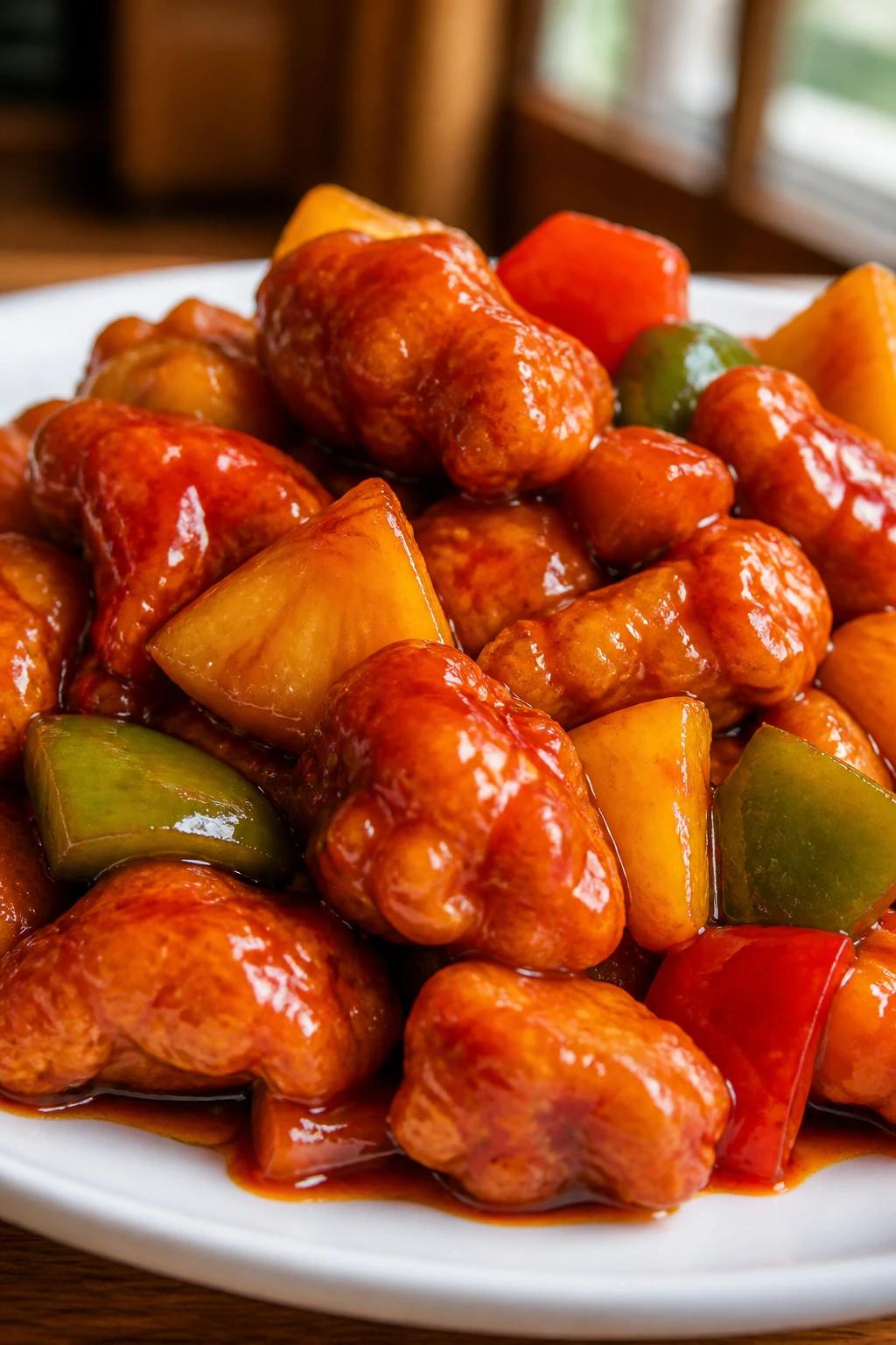 Close-up of glossy crispy sweet and sour chicken on plate in a warm kitchen