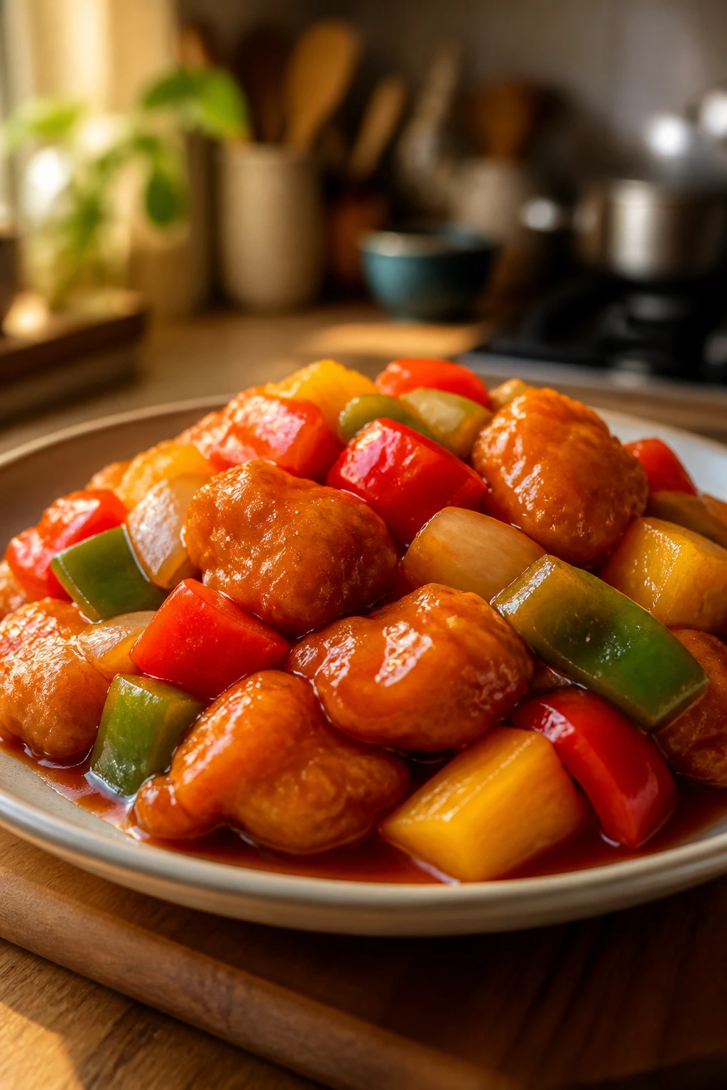 Close-up of crispy sweet and sour chicken with peppers and pineapple on plate