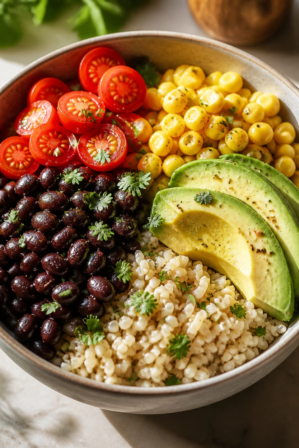 Close-up sweetcorn avocado black bean bowl with corn and avocado