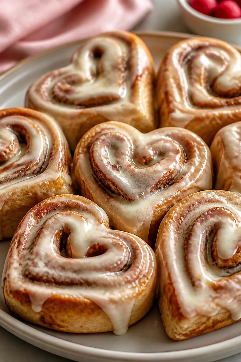 Heart-shaped cinnamon rolls with cream cheese glaze on plate