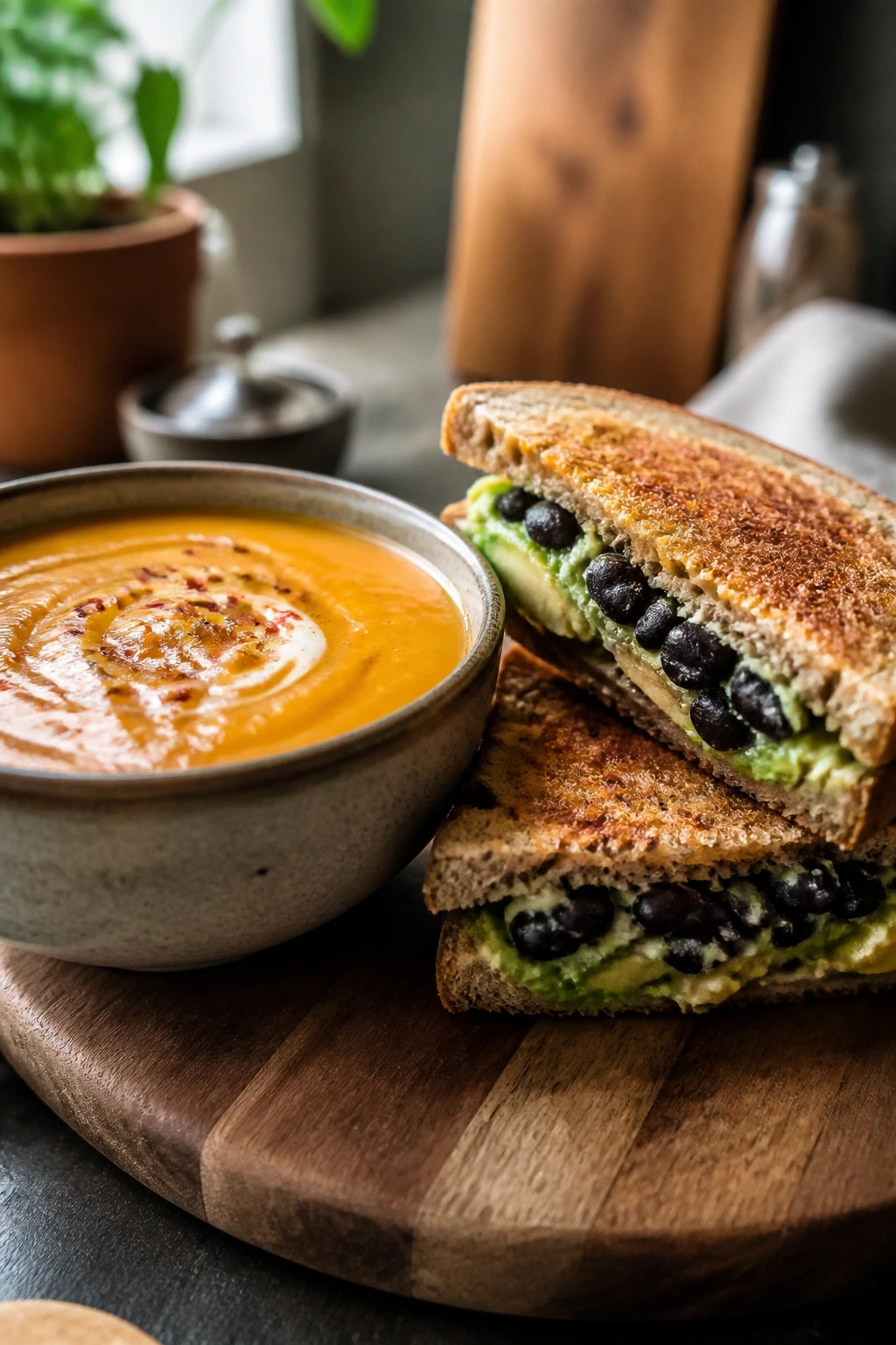 Sweet potato soup with avocado black bean sandwich on a rustic board