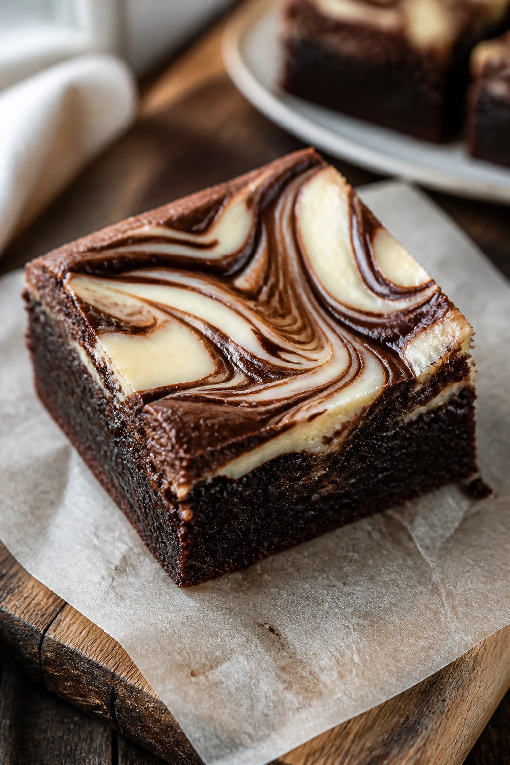 Close-up of swirl brownie square with marbled chocolate and cream cheese on parchment