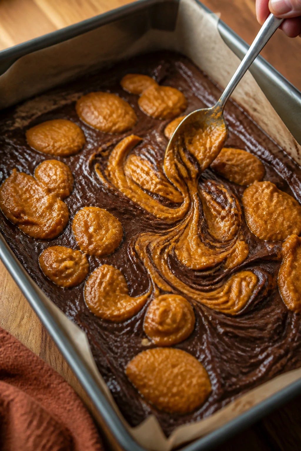 In-progress swirl being spooned into brownie batter in pan