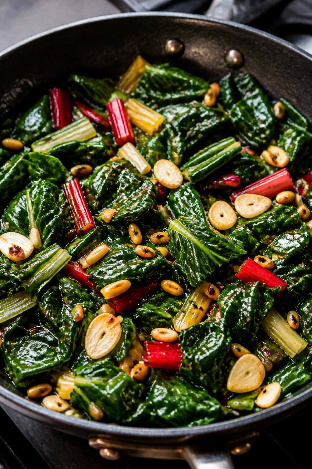 Close-up of garlic sautéed Swiss chard in a skillet with garlic and lemon