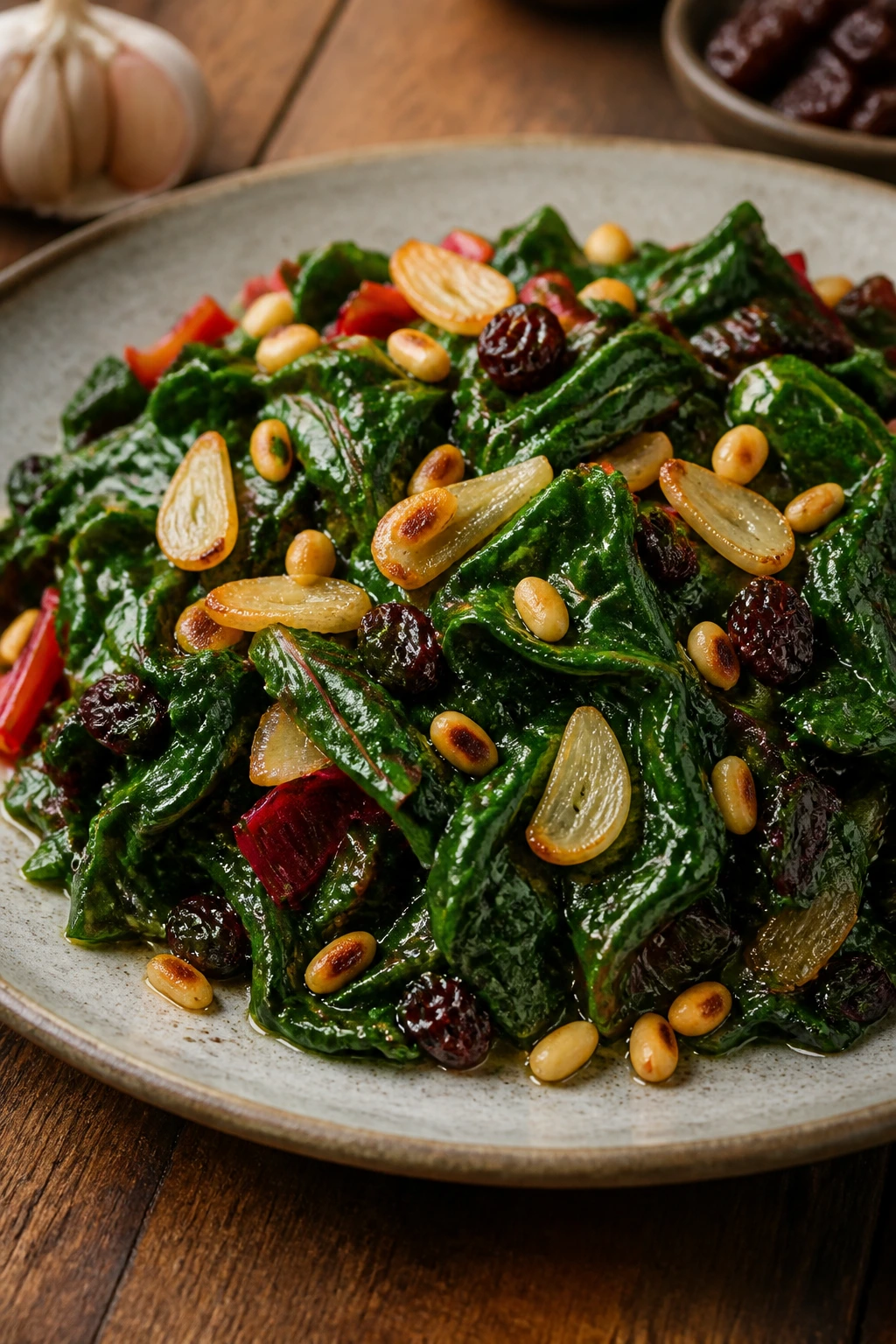 Close-up of plated Swiss chard with garlic, raisins, and pine nuts on a rustic plate