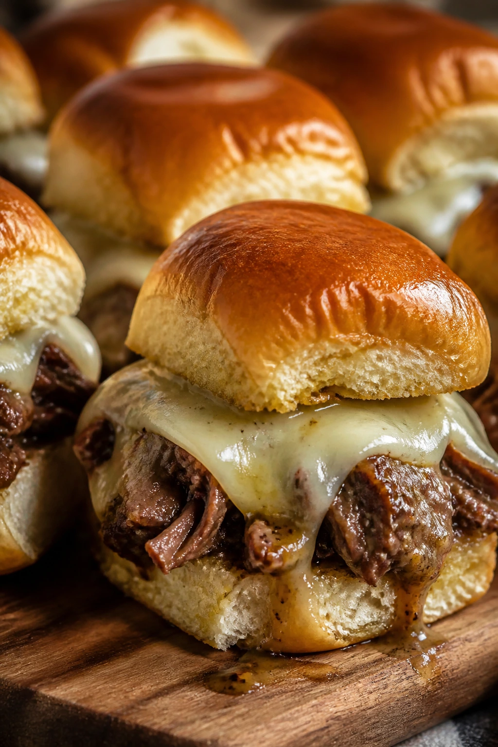 Close-up of Swiss and Dijon Sliders with Swiss cheese and Dijon