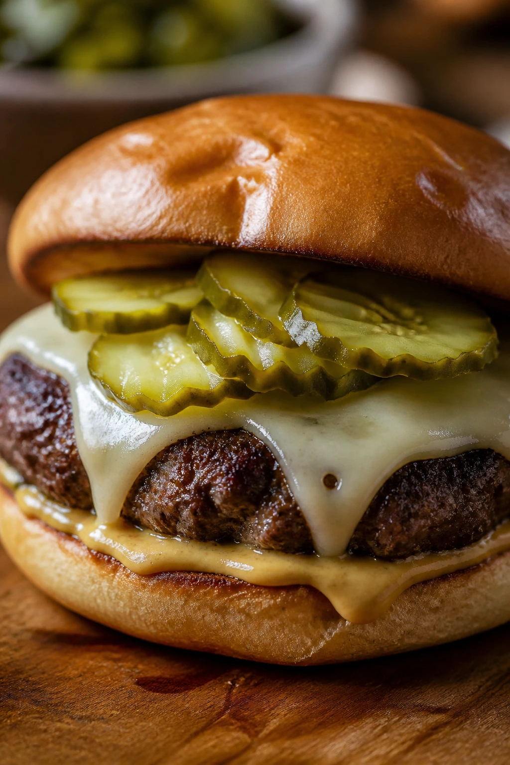 Close-up Swiss Pickle Burger with Swiss cheese and dill pickles