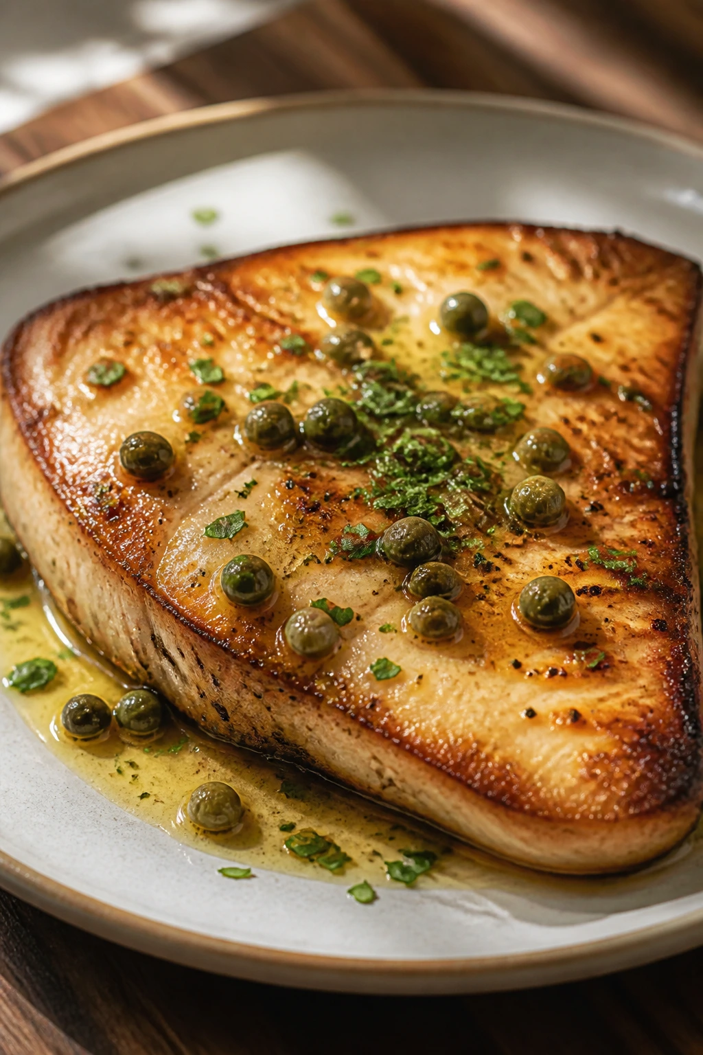 Swordfish fillet with caper butter on a plate